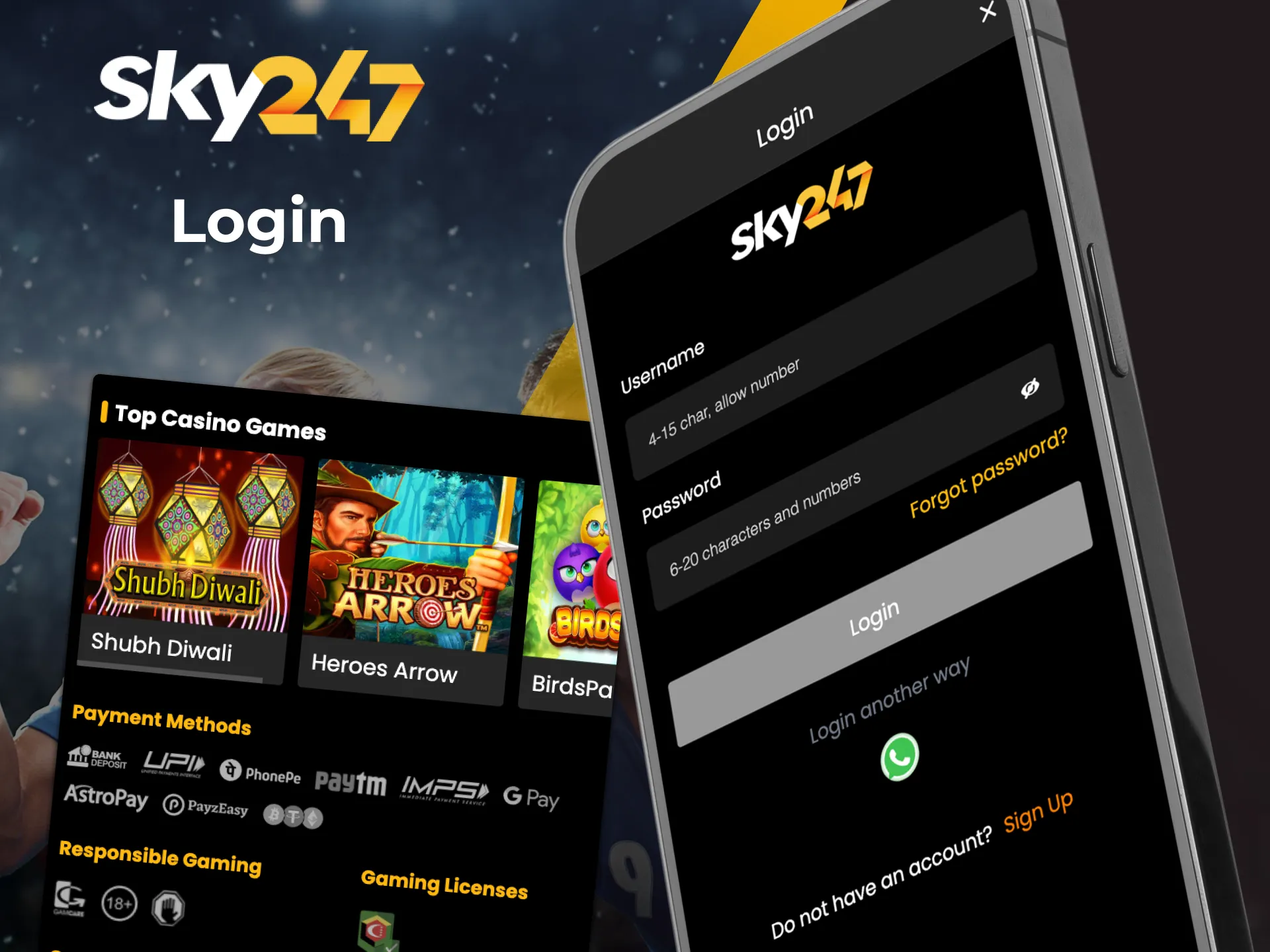 Log in to the Sky247 online casino app and gain access to sports betting.