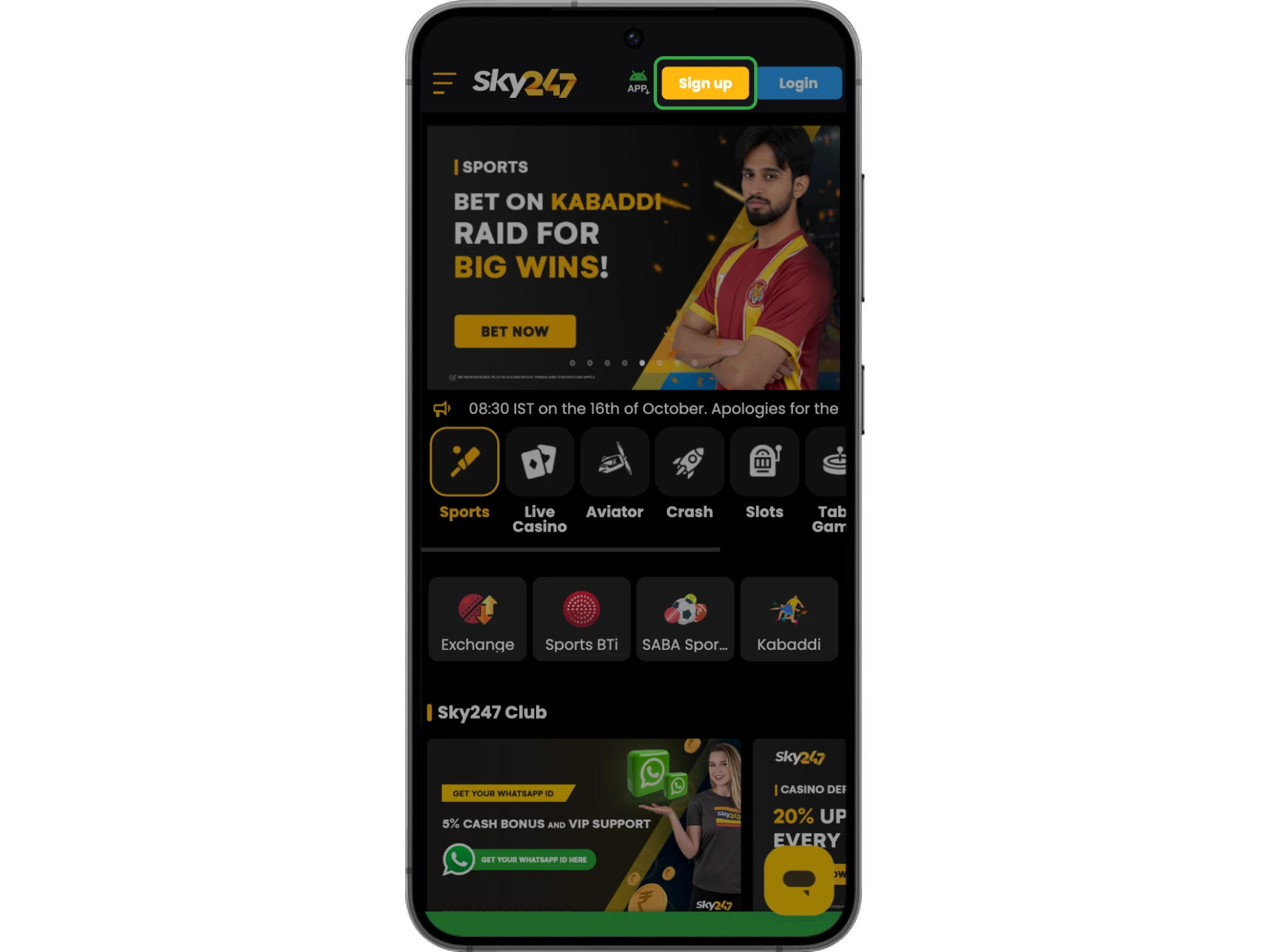 Register at Sky247 online casino in a couple of clicks.